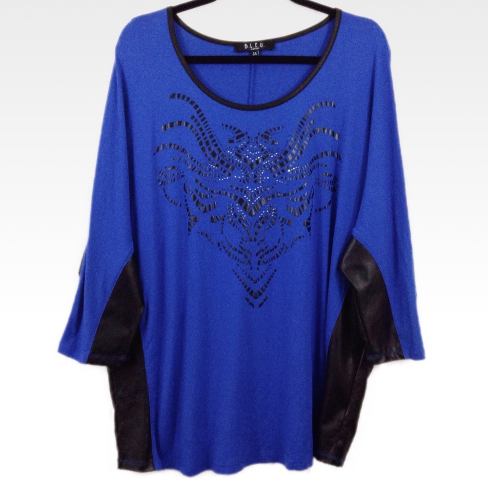 BLEU | 3X | Blue & Leather Studded Batwing Top